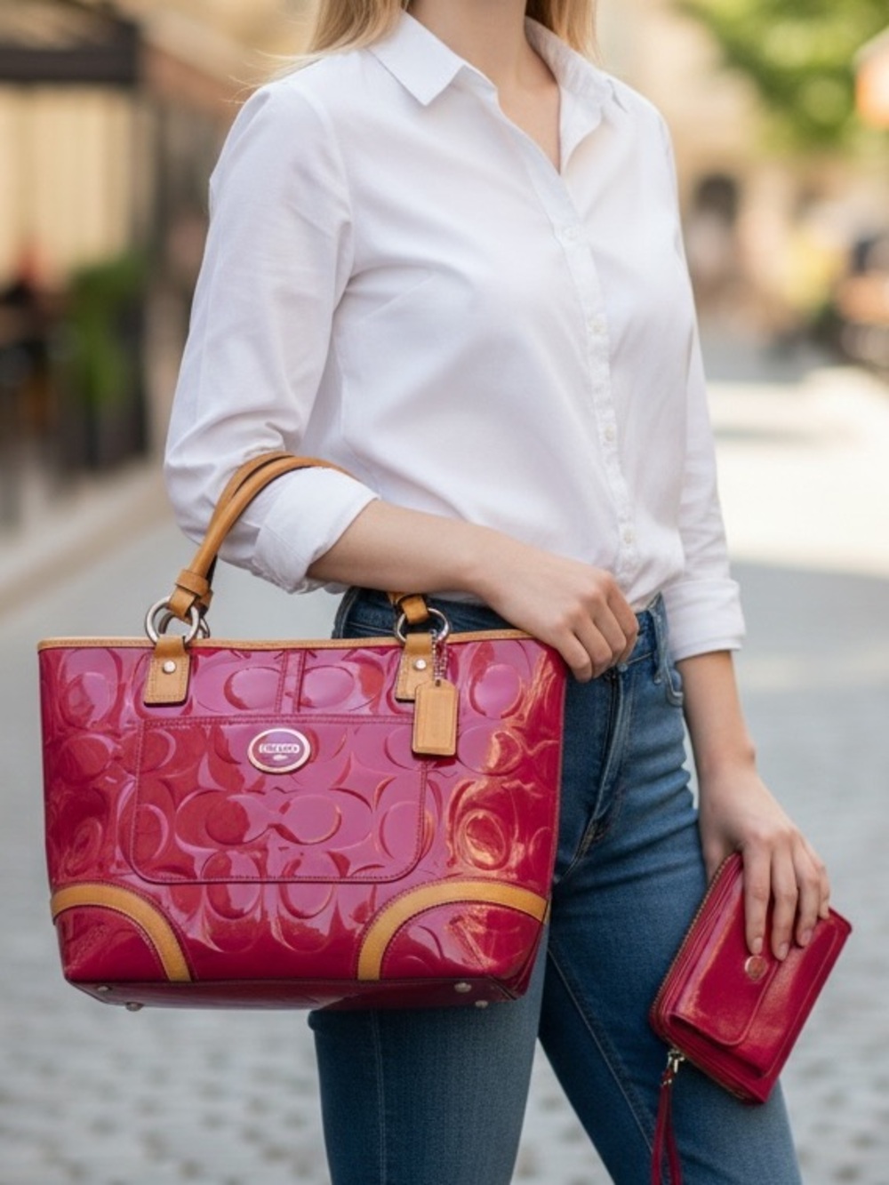 Coach Patent Leather Tote and Wristlet Wallet in Fuscia Pink with Tan Trim